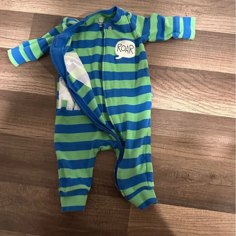 GAP Blue and Green Striped Dinosaur Footie 0-3 mo
